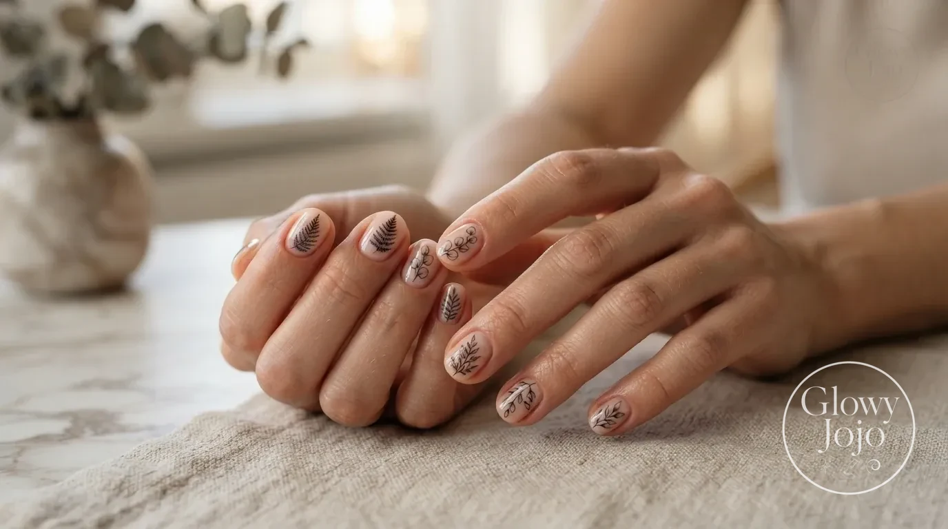Delicate Hand-painted Botanical Leaf Line Art on Natural Bare - Glowy Jojo Luxury Curation