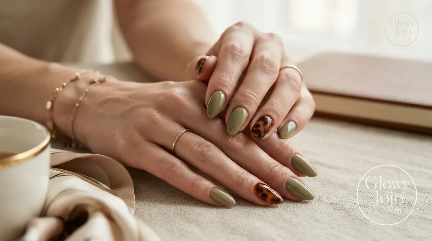Tortoiseshell Accent Nails Paired with Olive Green Polish on - Glowy Jojo Luxury Curation